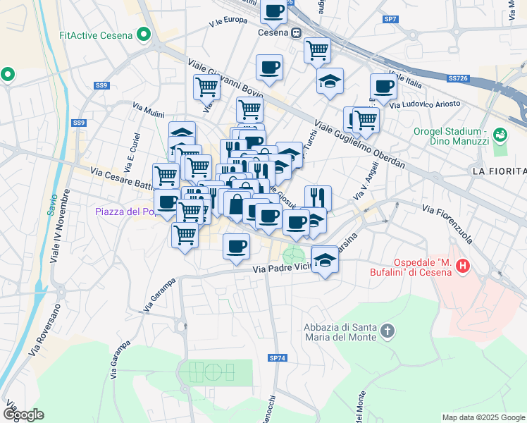 map of restaurants, bars, coffee shops, grocery stores, and more near 36 Via Braschi in Cesena