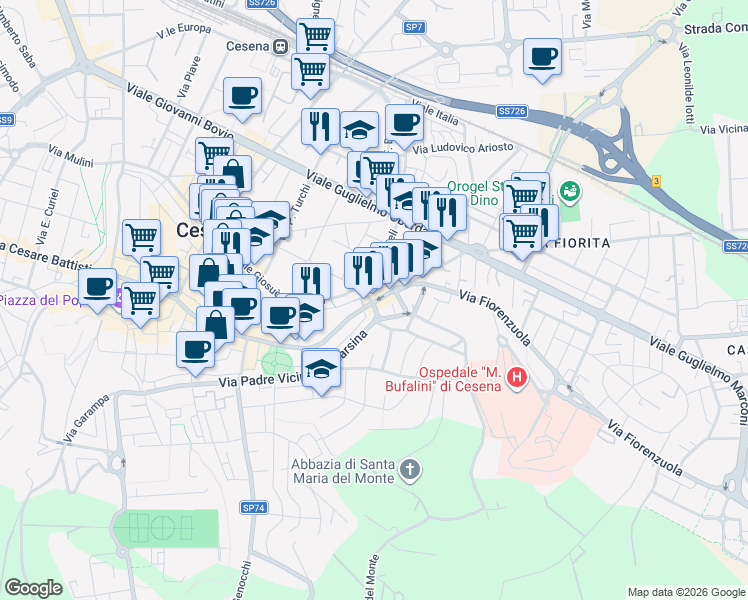map of restaurants, bars, coffee shops, grocery stores, and more near 16 Subborgo Valzania Eugenio in Cesena