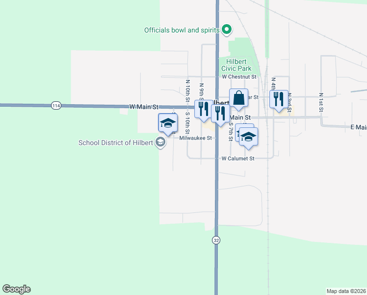 map of restaurants, bars, coffee shops, grocery stores, and more near 131 S 10th St in Hilbert