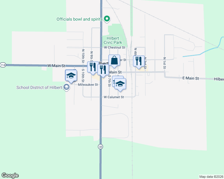 map of restaurants, bars, coffee shops, grocery stores, and more near 126 S 7th St in Hilbert