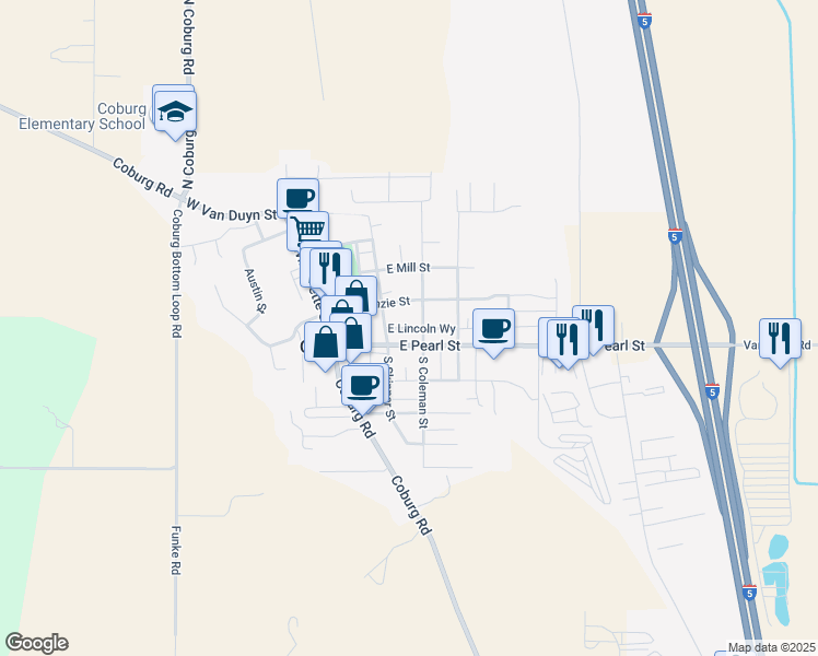 map of restaurants, bars, coffee shops, grocery stores, and more near 91070 North Coleman Street in Eugene