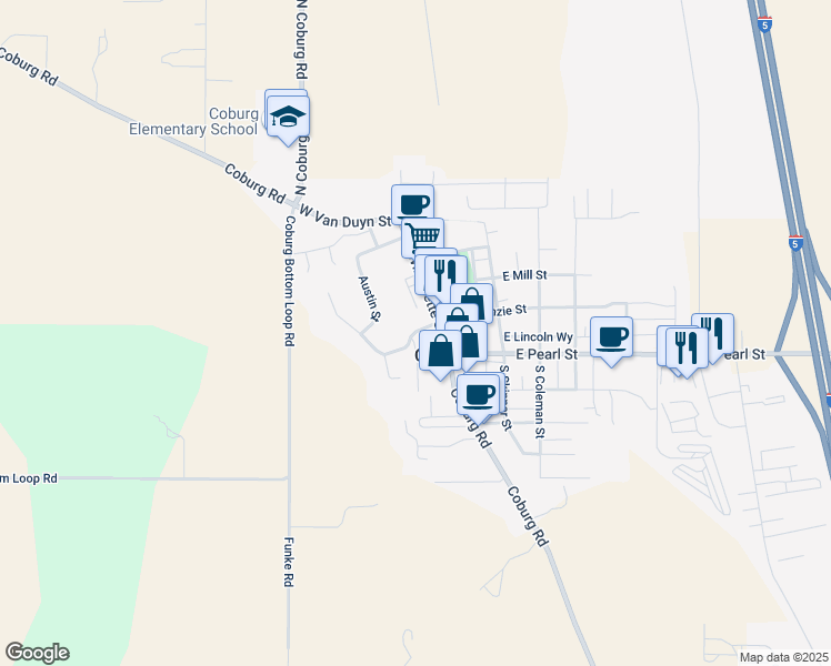 map of restaurants, bars, coffee shops, grocery stores, and more near 91189 Water Street in Coburg