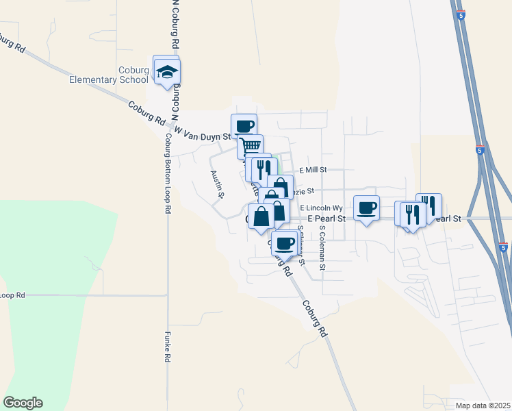 map of restaurants, bars, coffee shops, grocery stores, and more near 91189 Water Street in Coburg