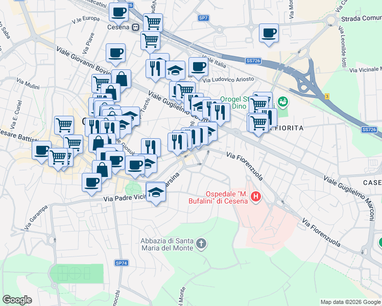 map of restaurants, bars, coffee shops, grocery stores, and more near 16 Subborgo Valzania Eugenio in Cesena