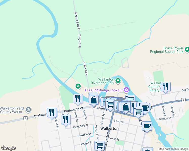 map of restaurants, bars, coffee shops, grocery stores, and more near 5 Valleyside Drive in Walkerton