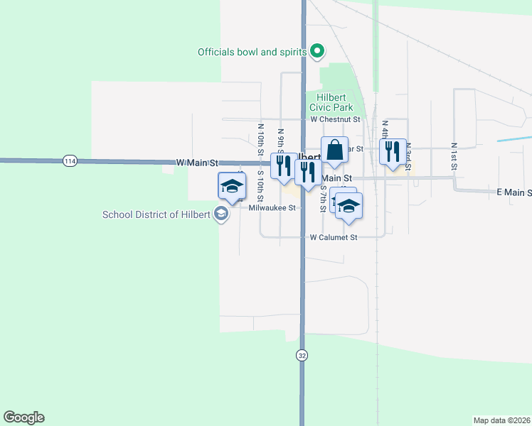 map of restaurants, bars, coffee shops, grocery stores, and more near 131 South 10th Street in Hilbert