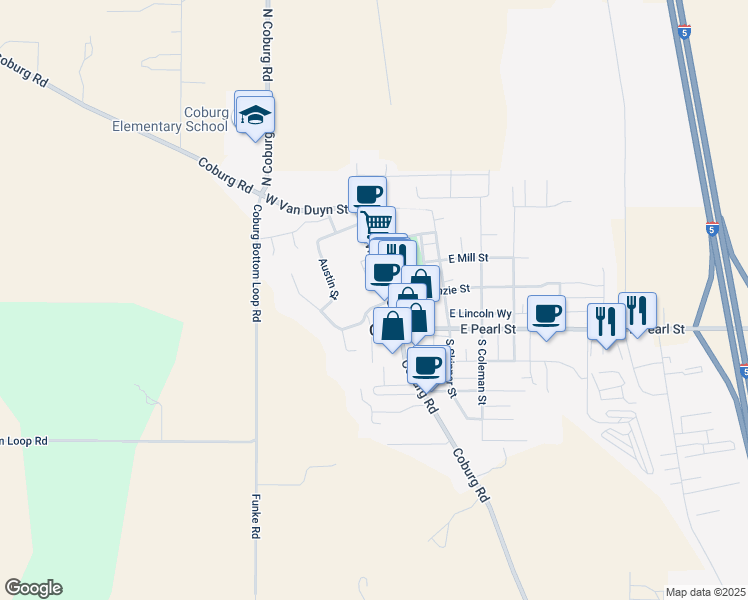 map of restaurants, bars, coffee shops, grocery stores, and more near 91189 Water Street in Coburg