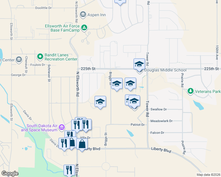 map of restaurants, bars, coffee shops, grocery stores, and more near 601 Briggs Street in Box Elder