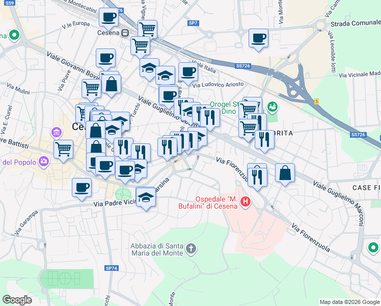 map of restaurants, bars, coffee shops, grocery stores, and more near Via Don Carlo Baronio in Cesena