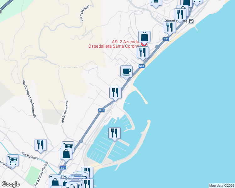 map of restaurants, bars, coffee shops, grocery stores, and more near Via Aurelia in Loano