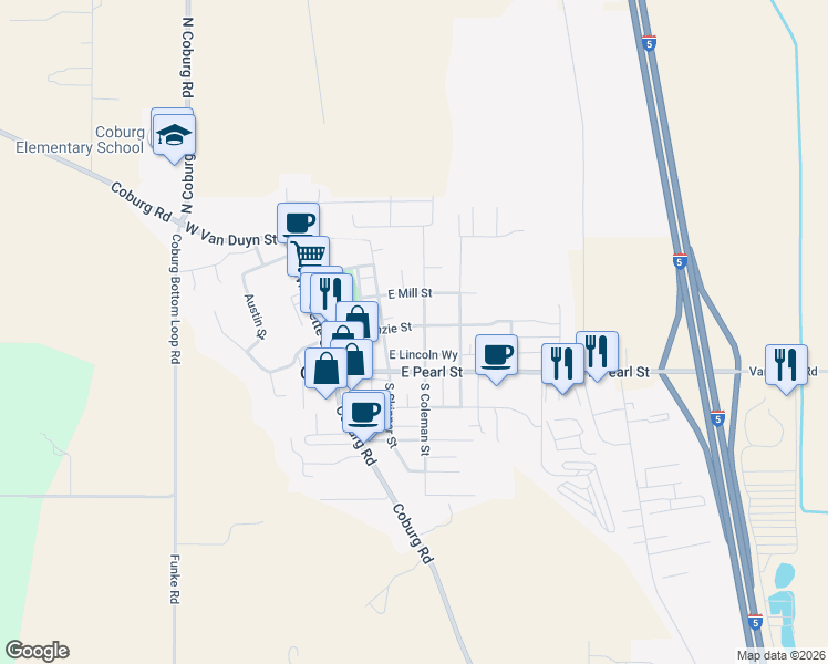 map of restaurants, bars, coffee shops, grocery stores, and more near 91100 N Coleman St in Coburg