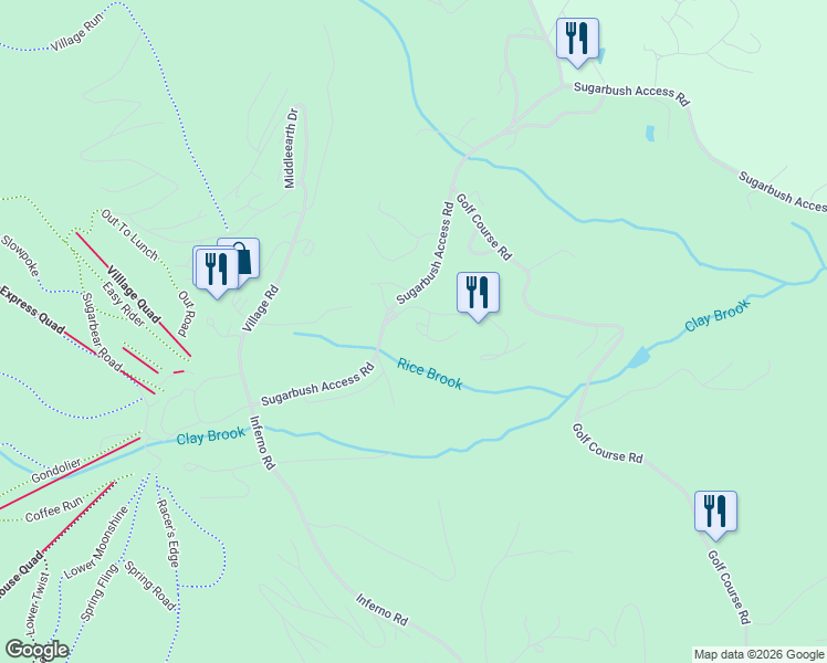 map of restaurants, bars, coffee shops, grocery stores, and more near 2405 Sugarbush Access Road in Warren