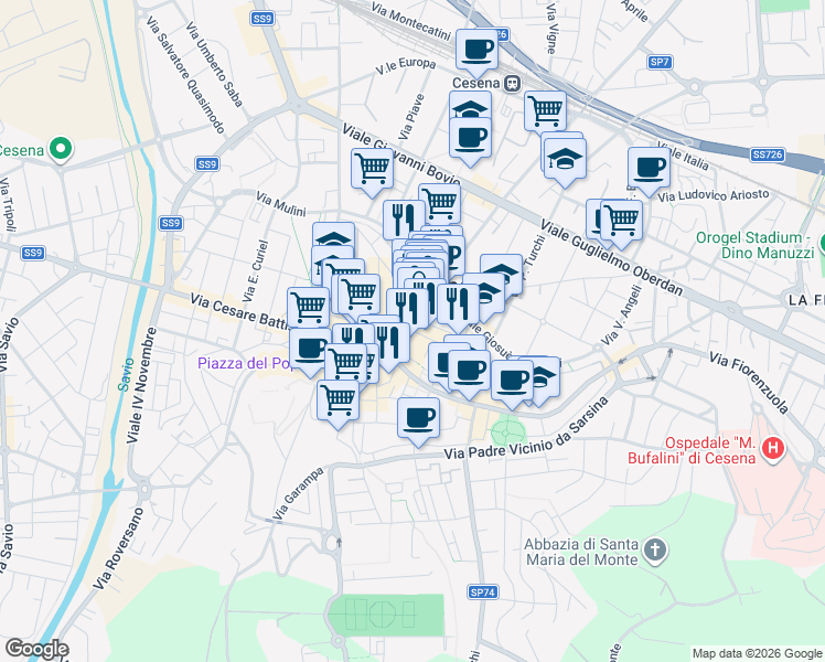 map of restaurants, bars, coffee shops, grocery stores, and more near in Cesena