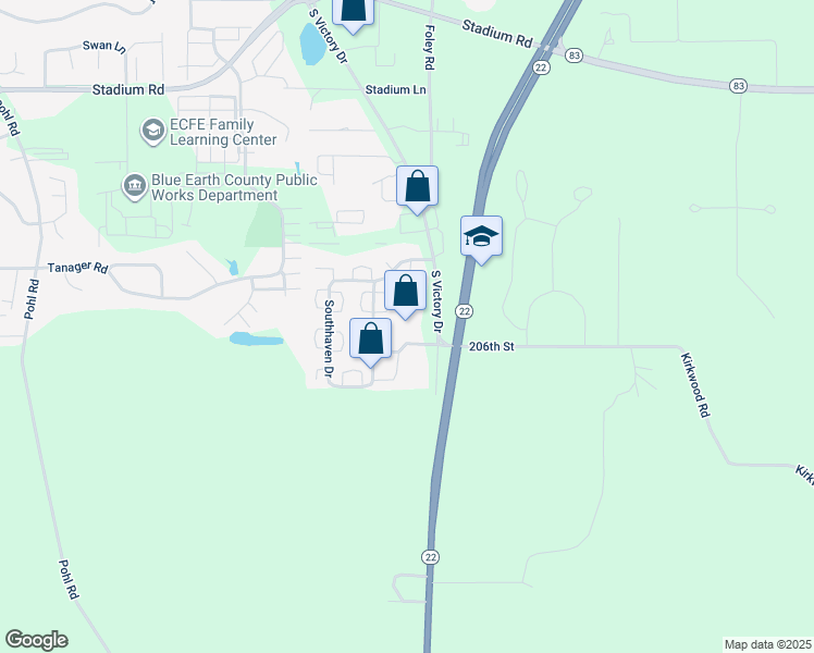 map of restaurants, bars, coffee shops, grocery stores, and more near 1290 South Victory Drive in Mankato