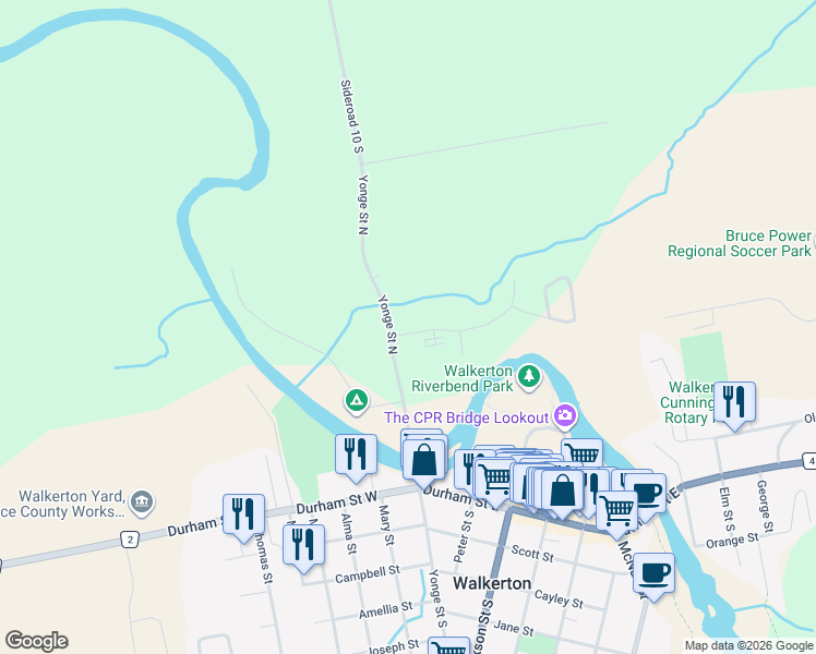 map of restaurants, bars, coffee shops, grocery stores, and more near 6 Valleyside Drive in Walkerton