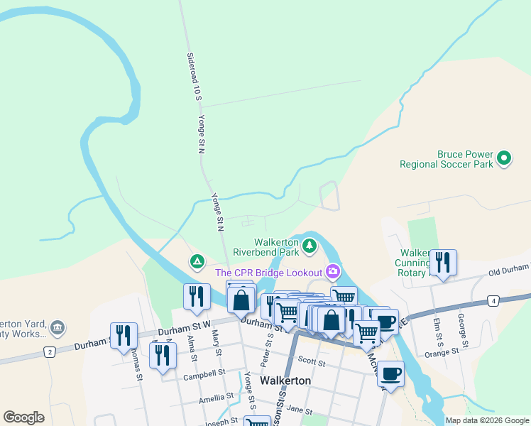 map of restaurants, bars, coffee shops, grocery stores, and more near 24 Valleyside Drive in Walkerton