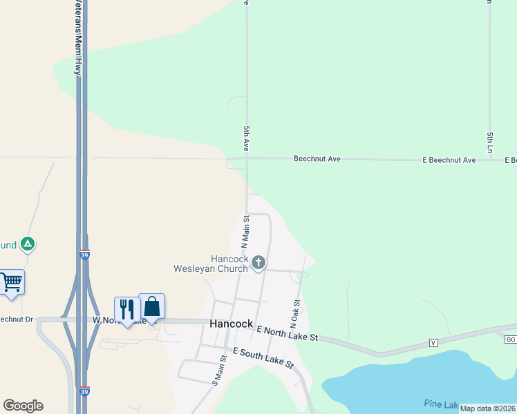 map of restaurants, bars, coffee shops, grocery stores, and more near 520 North Main Street in Hancock