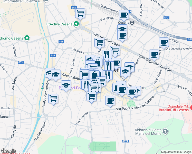 map of restaurants, bars, coffee shops, grocery stores, and more near 4 Via Boccaquattro in Cesena