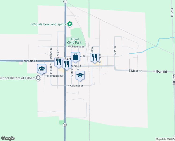 map of restaurants, bars, coffee shops, grocery stores, and more near 435 West Main Street in Hilbert