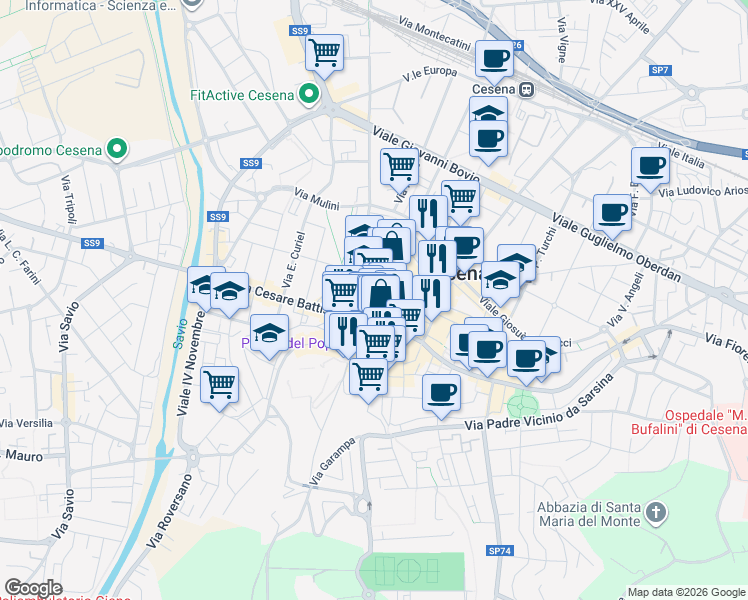 map of restaurants, bars, coffee shops, grocery stores, and more near 4 Via Boccaquattro in Cesena