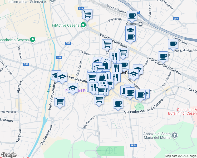 map of restaurants, bars, coffee shops, grocery stores, and more near 4 Via Boccaquattro in Cesena
