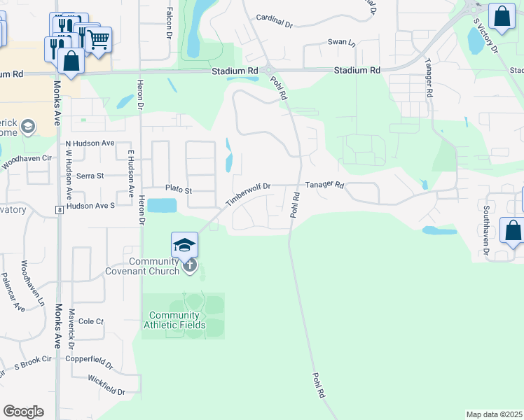 map of restaurants, bars, coffee shops, grocery stores, and more near 72 Cottage Path in Mankato
