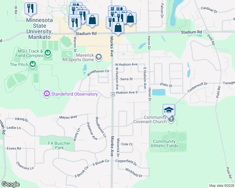 map of restaurants, bars, coffee shops, grocery stores, and more near 336 North Hudson Avenue in Mankato