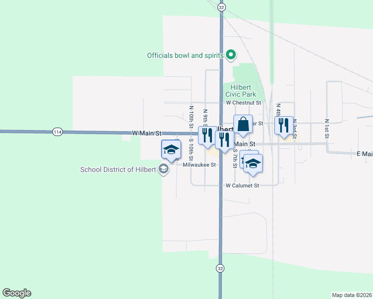 map of restaurants, bars, coffee shops, grocery stores, and more near 47 South 10th Street in Hilbert