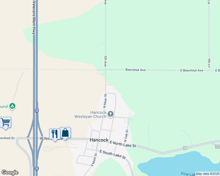 map of restaurants, bars, coffee shops, grocery stores, and more near 520 North Main Street in Hancock