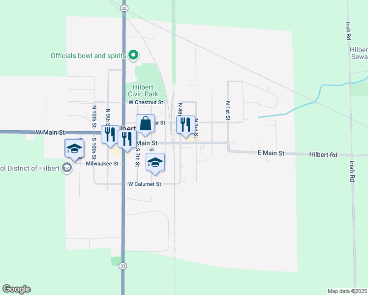 map of restaurants, bars, coffee shops, grocery stores, and more near 435 West Main Street in Hilbert