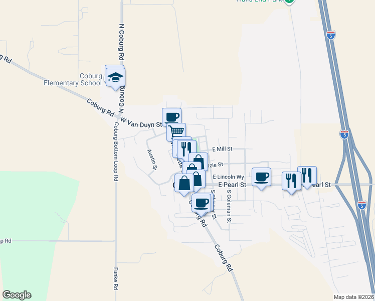 map of restaurants, bars, coffee shops, grocery stores, and more near 32671 East Mill Street in Eugene