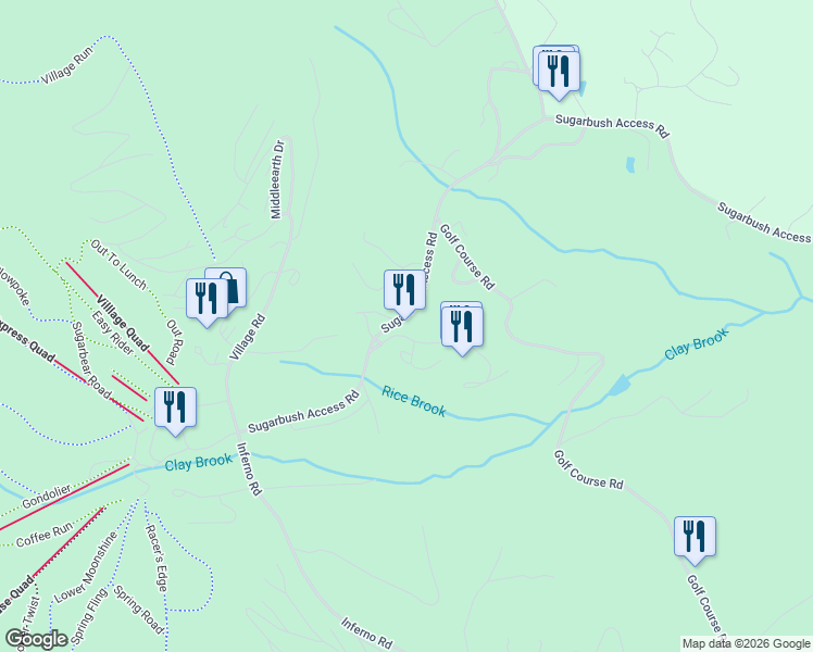 map of restaurants, bars, coffee shops, grocery stores, and more near 2405 Sugarbush Access Road in Warren