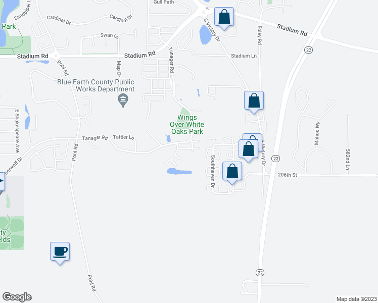 map of restaurants, bars, coffee shops, grocery stores, and more near 129 Osprey Path in Mankato
