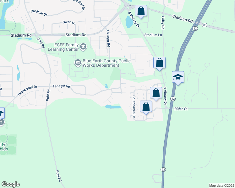 map of restaurants, bars, coffee shops, grocery stores, and more near 201 Partridge Path in Mankato