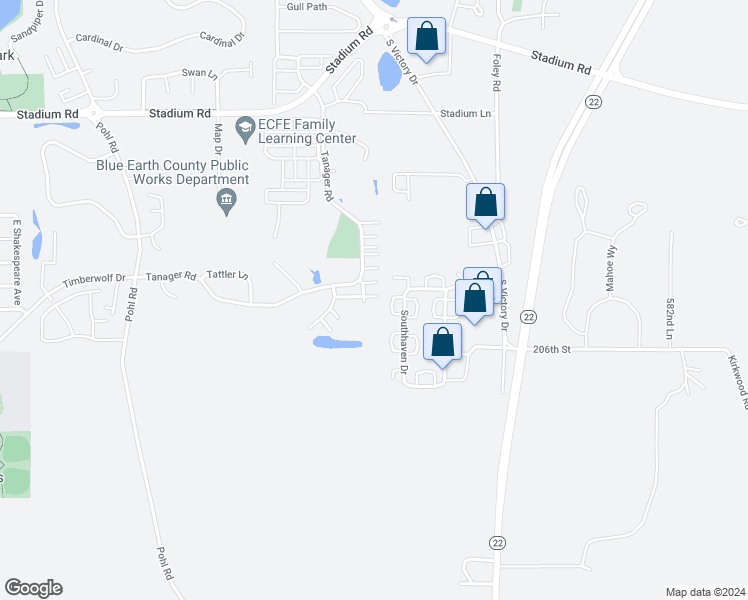 map of restaurants, bars, coffee shops, grocery stores, and more near 201 Partridge Path in Mankato