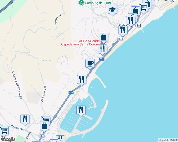 map of restaurants, bars, coffee shops, grocery stores, and more near Via Aurelia in Loano