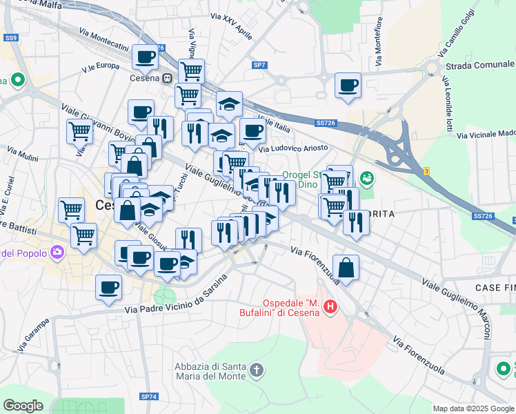 map of restaurants, bars, coffee shops, grocery stores, and more near 8 Via Casetti in Cesena