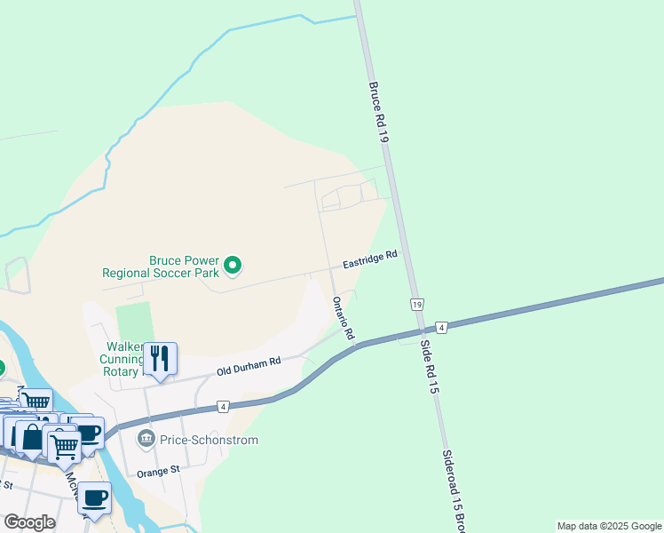 map of restaurants, bars, coffee shops, grocery stores, and more near Ontario Road in Walkerton