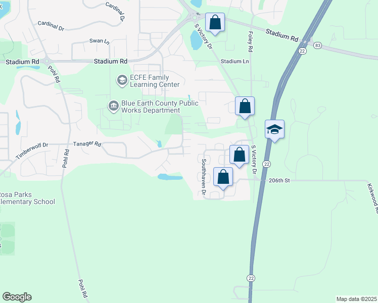 map of restaurants, bars, coffee shops, grocery stores, and more near 133 Osprey Path in Mankato