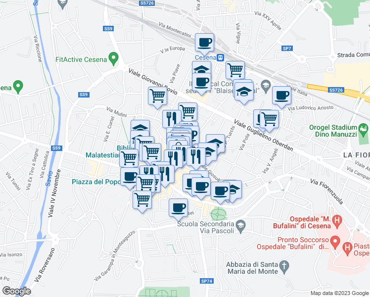 map of restaurants, bars, coffee shops, grocery stores, and more near in Cesena