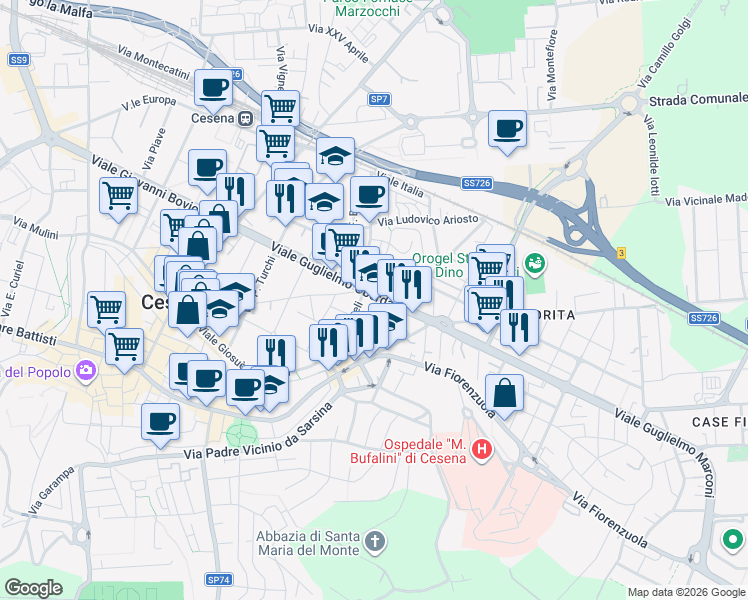 map of restaurants, bars, coffee shops, grocery stores, and more near 8 Via Casetti in Cesena