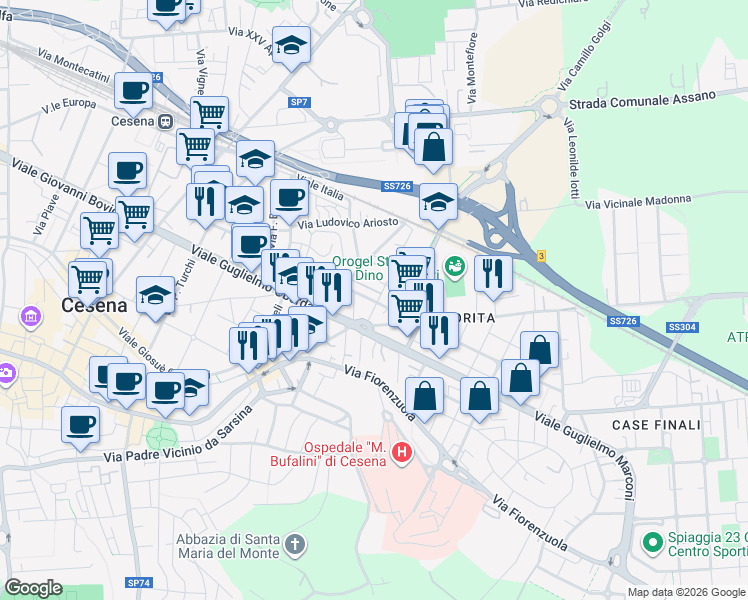 map of restaurants, bars, coffee shops, grocery stores, and more near 46 Via Toscana in Cesena