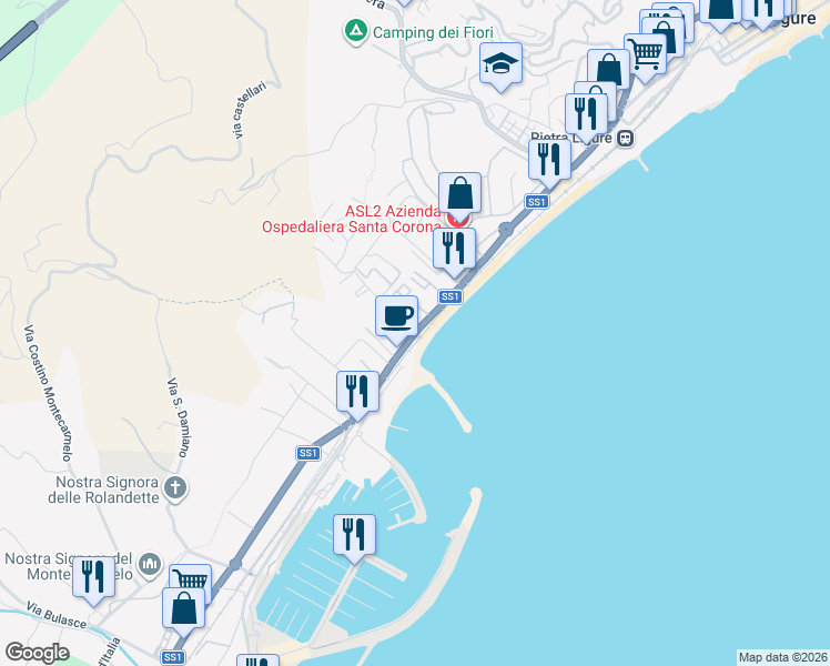 map of restaurants, bars, coffee shops, grocery stores, and more near Via Aurelia in Pietra Ligure