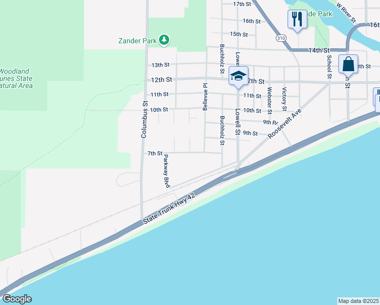 map of restaurants, bars, coffee shops, grocery stores, and more near 700 Hillcrest Court in Two Rivers