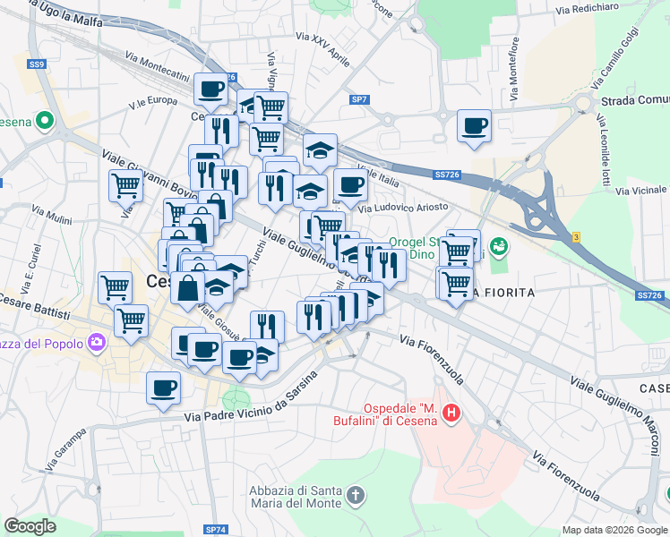map of restaurants, bars, coffee shops, grocery stores, and more near 393 Viale Guglielmo Oberdan in Cesena