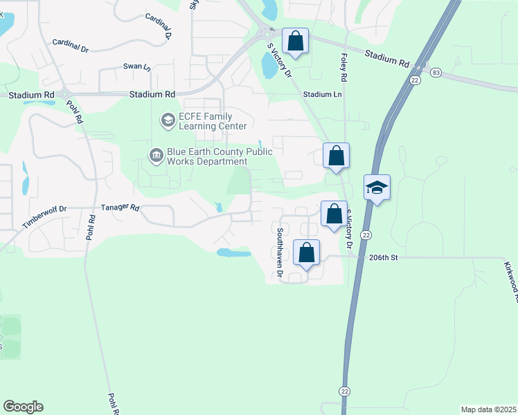 map of restaurants, bars, coffee shops, grocery stores, and more near 100 Gander Path in Mankato