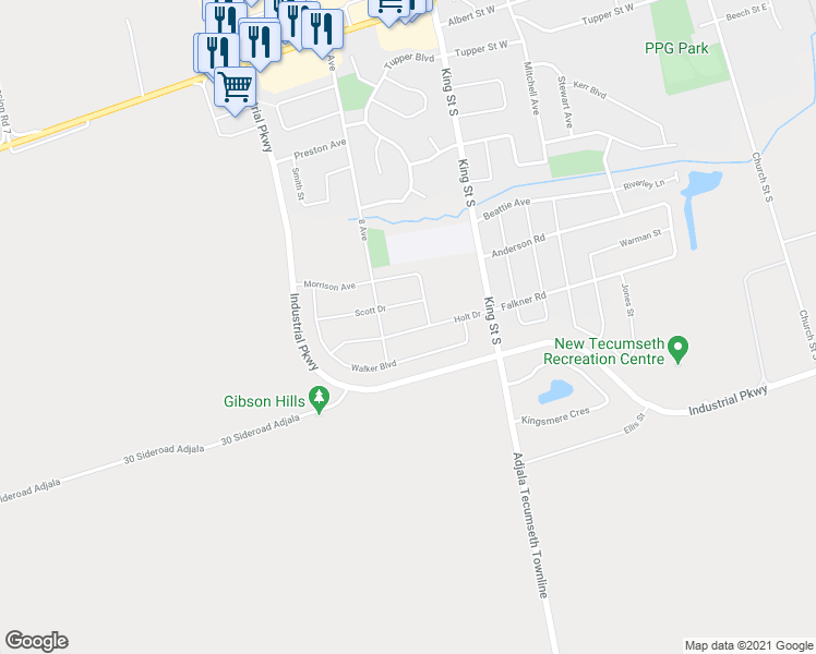 map of restaurants, bars, coffee shops, grocery stores, and more near 52 Holt Drive in New Tecumseth