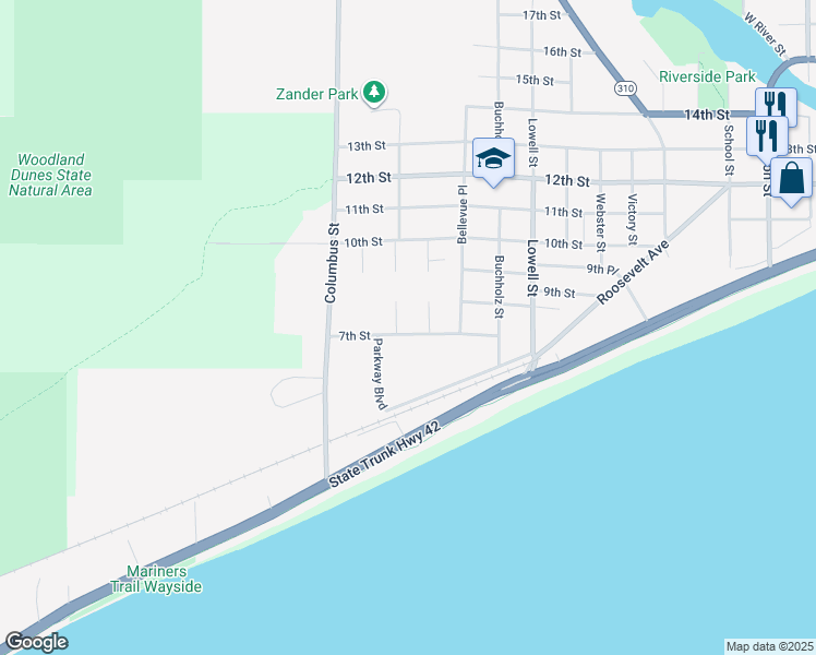 map of restaurants, bars, coffee shops, grocery stores, and more near 2740 7th Street in Two Rivers