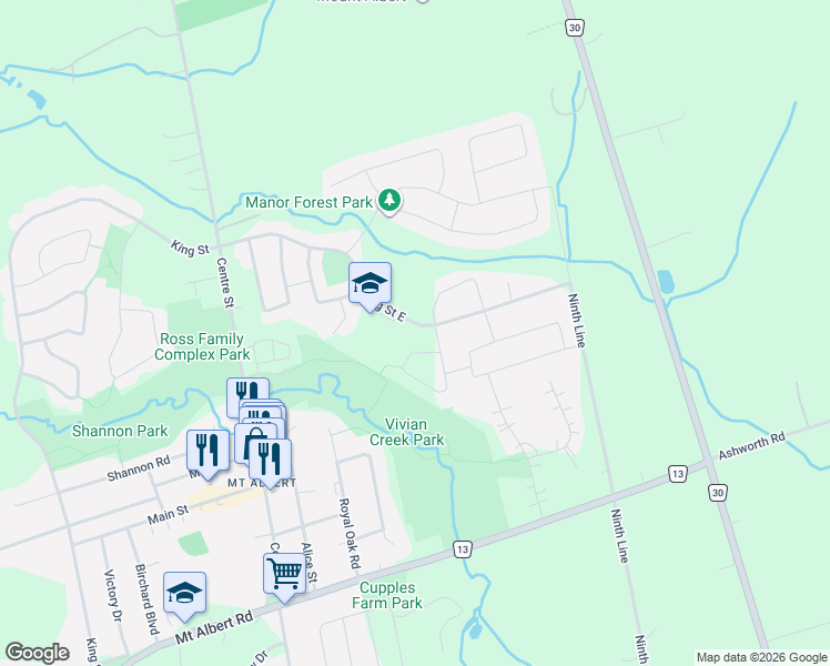 map of restaurants, bars, coffee shops, grocery stores, and more near 2 Viscount Way in East Gwillimbury