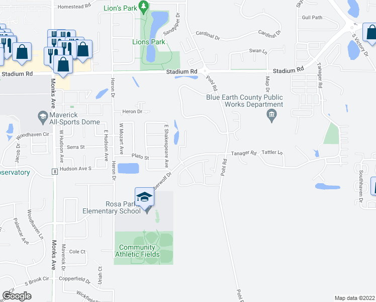 map of restaurants, bars, coffee shops, grocery stores, and more near 630 Timberwolf Drive in Mankato